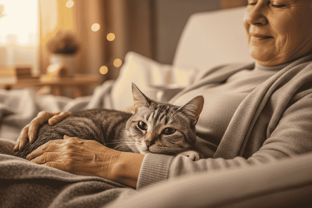 A rescued cat curled up peacefully on a human’s lap, both relaxed and content.