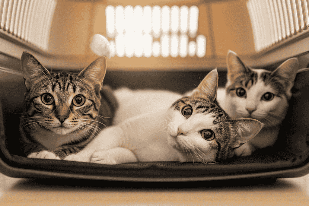 Inside cat shelters, three rescued cats rest together in a cozy kennel, waiting for adoption and showing the gentle bond formed between shelter companions