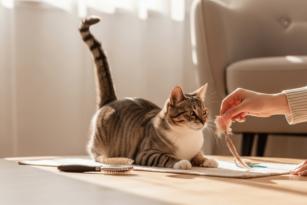 Cat interaction method example showing a relaxed cat engaging with a human using a toy, tail up and body language calm during a gentle play session