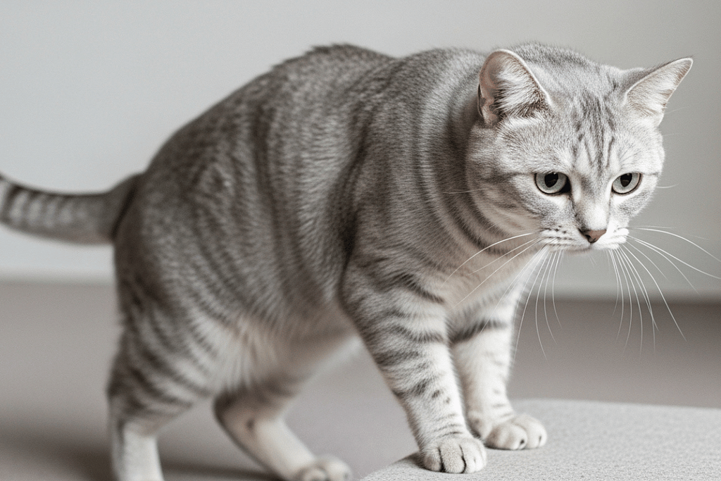 Mature cat jump changes: a short-haired gray domestic mature cat hesitating before stepping onto a low platform.