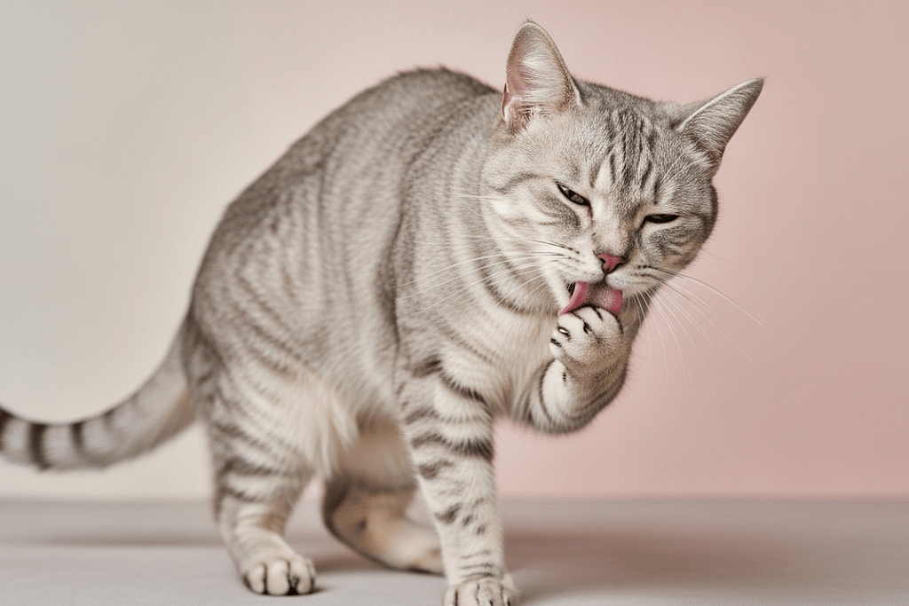 A mature adult cat (7–10 years old) gently grooming itself under warm daylight, showing subtle grooming changes typical of this life stage.