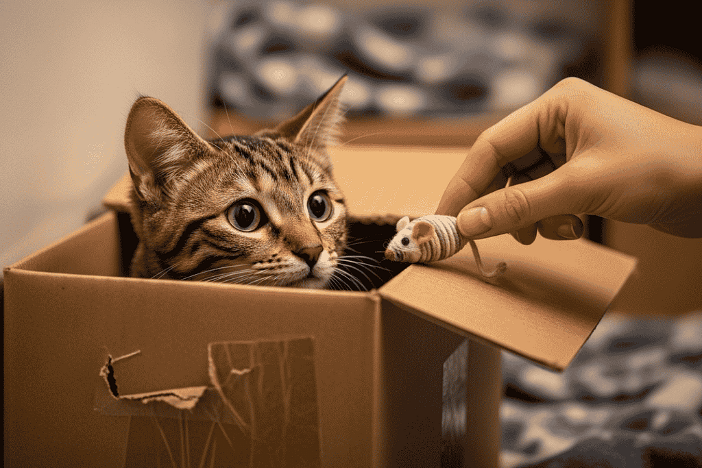 Inside cat shelters, a rescued tabby cat peeks from a cardboard box while a volunteer offers a toy mouse