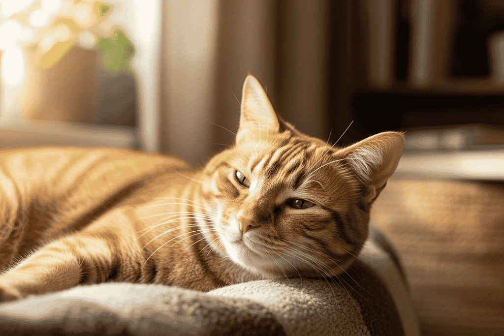 Rusty, a rescued ginger cat, resting peacefully on a blanket near a sunlit window after recovery.