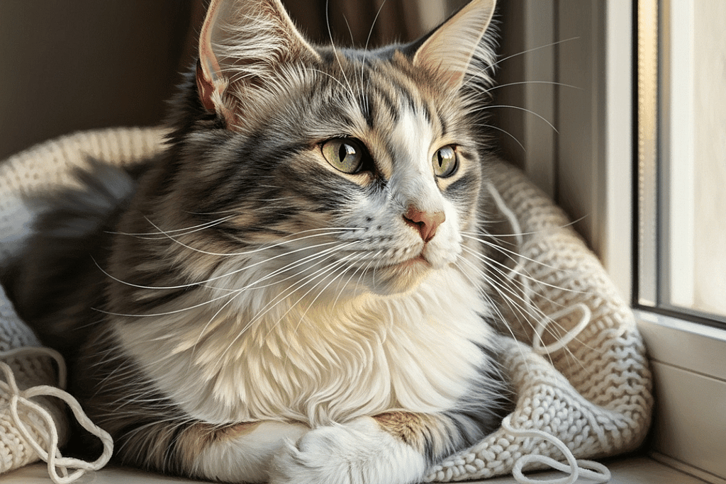 Senior cat care: 13-year-old gray-furred cat sitting with folded paws, ears alert near window for mental stimulation in cozy nook, evening glow