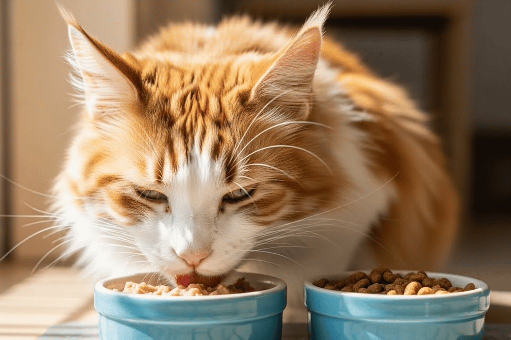 Senior cat sitting between a bowl of wet food and a bowl of dry food, illustrating the comparison between wet vs dry senior cat food options.