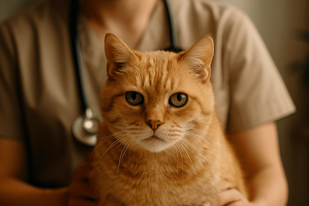 A calm cat in a vet visit, showing how reduce senior cat vet visit stress.s