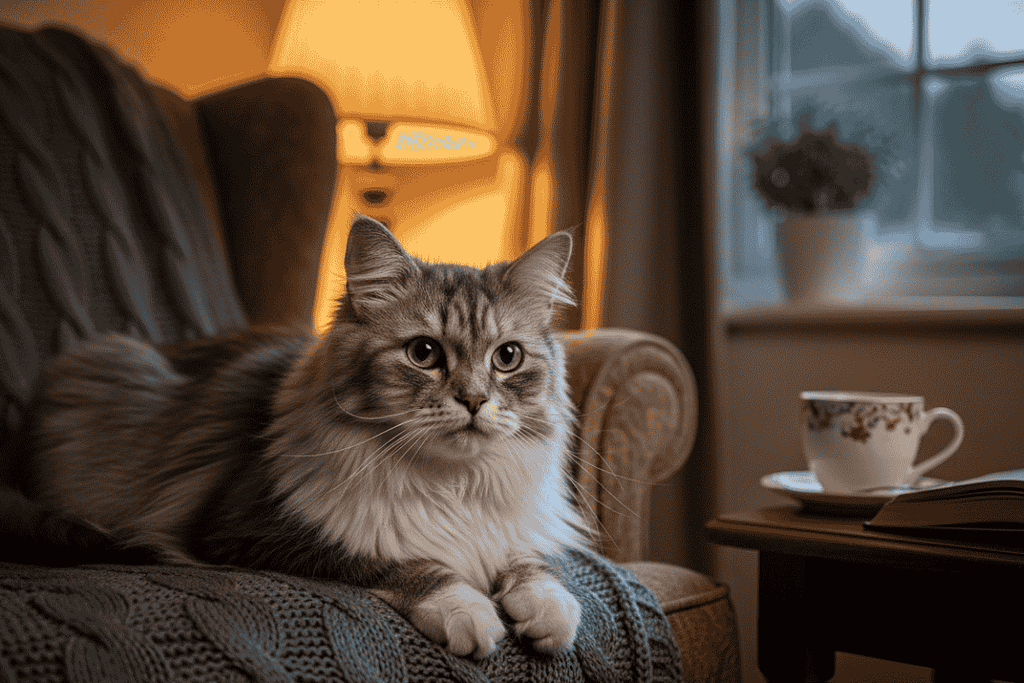 Senior cat rescue stories: a long-haired gray and white Persian with expressive green eyes and slightly frail features. The cat lies comfortably on a vintage armchair covered with a knitted blanket, inside a softly lit living room at dusk.