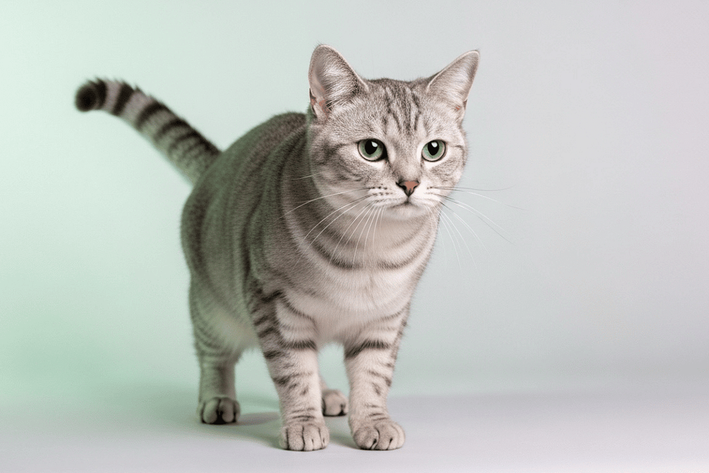 Teenage cat body language: silver tabby adolescent cat standing alert with tail up.