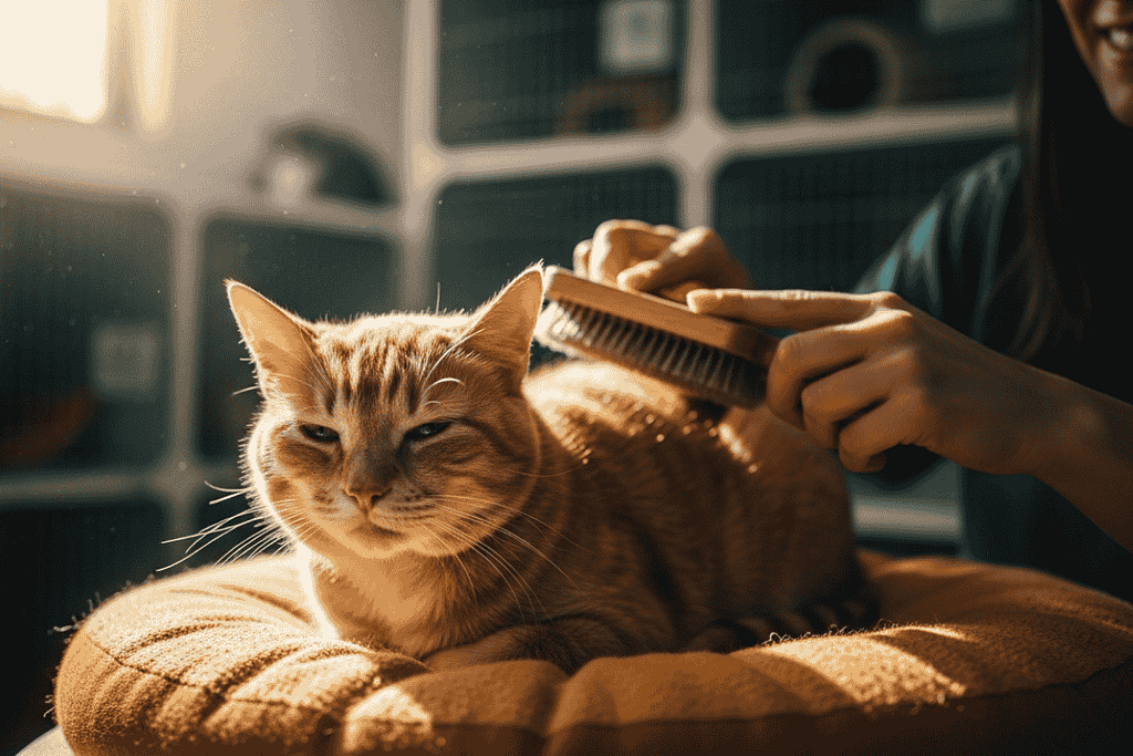 Tobby, an elderly orange cat with a graying muzzle, curled up on a warm cushion in a sunlit corner of a shelter. A volunteer gently brushes his fur while he purrs, eyes half-closed.