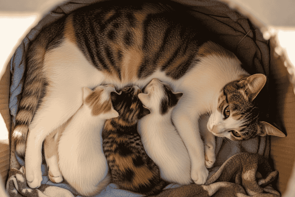 A beautiful community cat rescue stories. Willow, a rescued calico cat, resting safely with her kittens after community rescue.