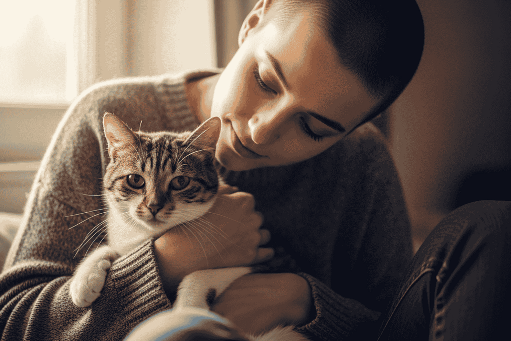 young woman holding a rescued cat with 1 1