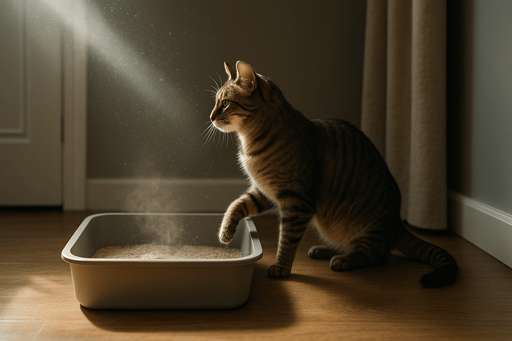 A tabby cat standing beside a litter box as cat litter dust rises softly in a beam of sunlight, showing how dust becomes airborne during digging.