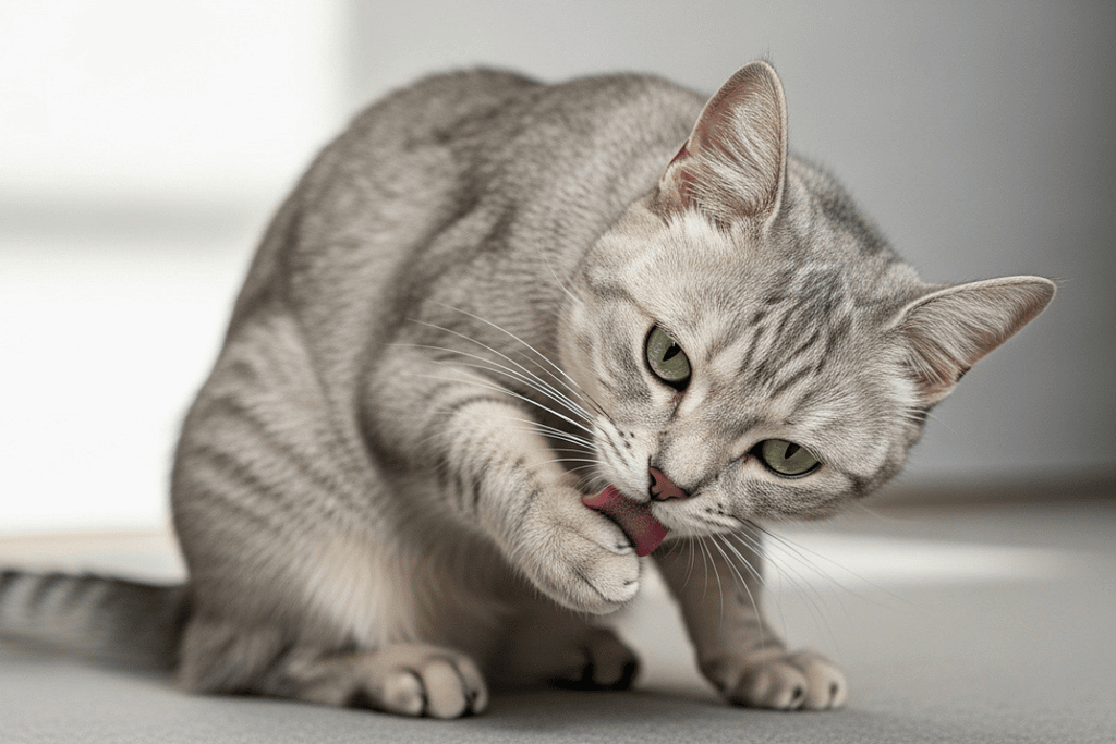 Senior cat grooming changes shown by an older cat grooming itself with reduced flexibility.
