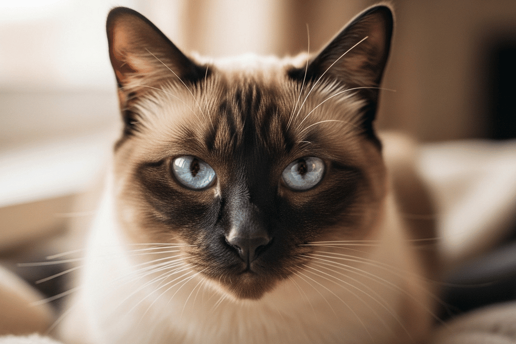 A calm cat indoors, looking directly ahead, illustrating illustrating how to trspect your cat's boundaries during emotional episodes.