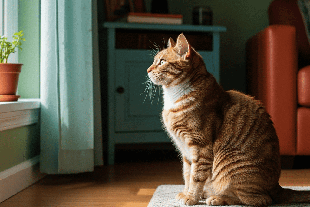 A cat sitting by a window and observing its surroundings, showing feline awareness without human emotional empathy.