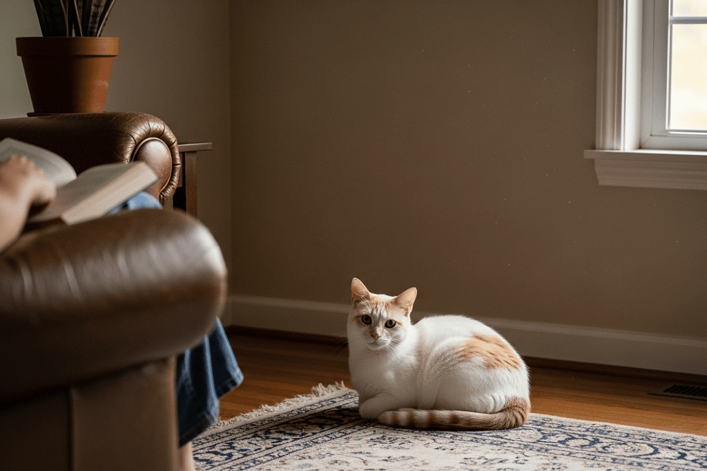 A calm cat sitting quietly near its owner indoors, illustrating cat comforting behavior through presence without physical contact.