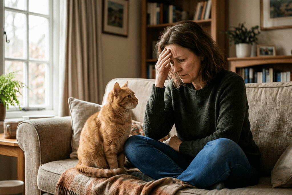 cat observing a person’s body language during a moment of stress at home