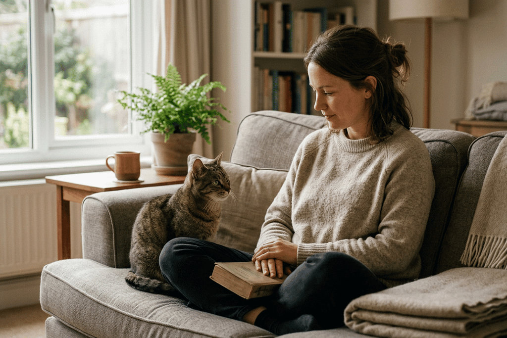 person sitting quietly with their cat at home while looking for comfort from your cat during emotional distress