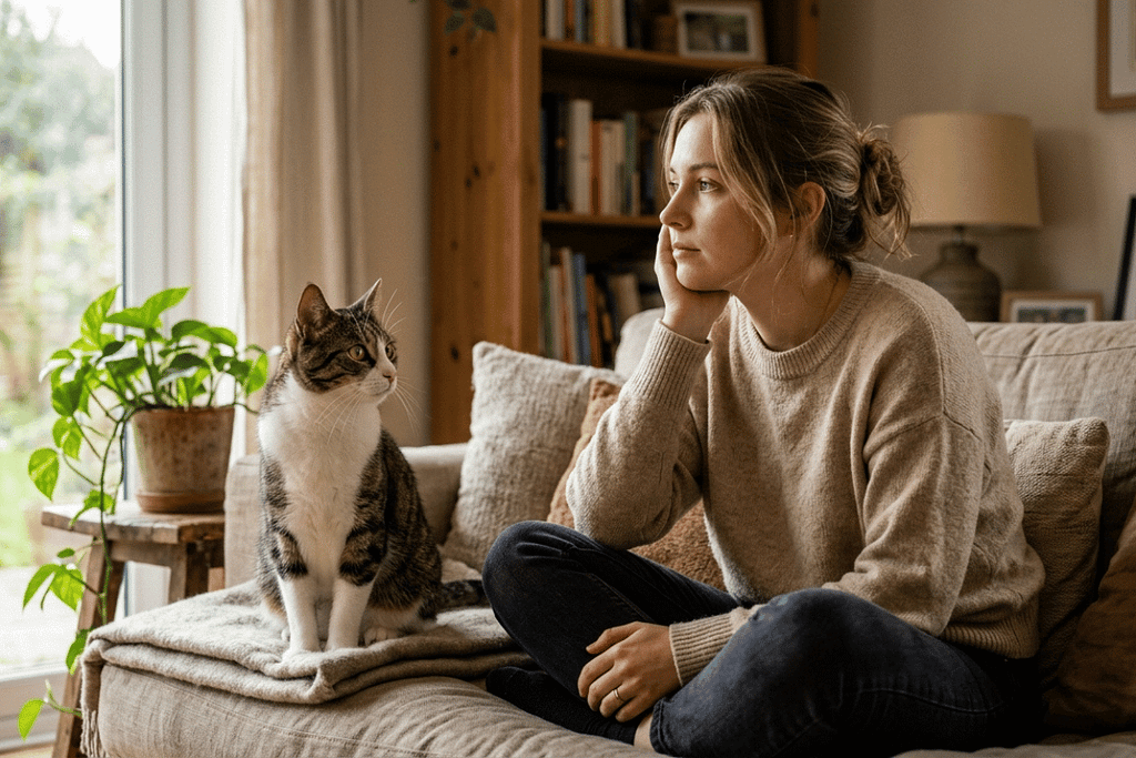 cat sitting attentively near a person, illustrating cat behaviors often mistaken for emotional sensitivity