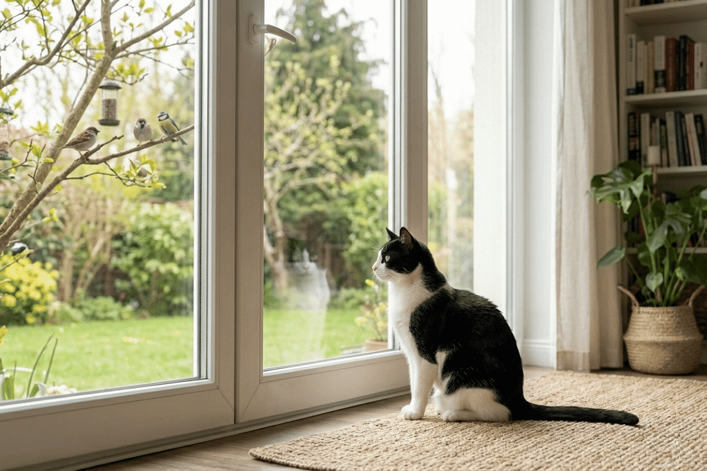 Domestic cat watching birds through a window, illustrating the contrast between inside and outside.