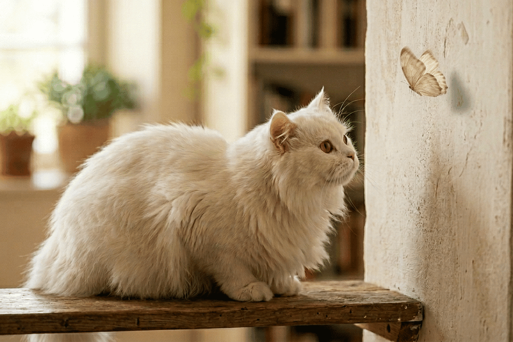 An Angora cat freezing in alert posture, demonstrating
how cats freeze before acting through focused sensory
assessment.