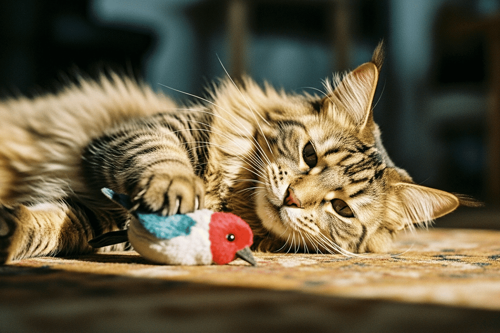 Maine Coon cat batting a toy bird, illustrating why do cats play
with prey before killing through instinctive catch and
release behavior