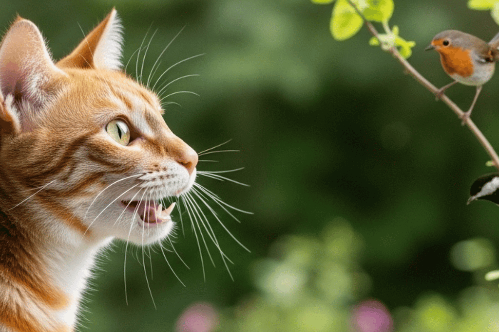 An indoor cat chattering at birds through a window, showing hunting instinct and predatory behavior in response to moving prey