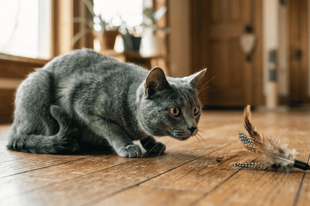 Domestic cat demonstrating cat hunting instincts while stalking a moving toy indoors.