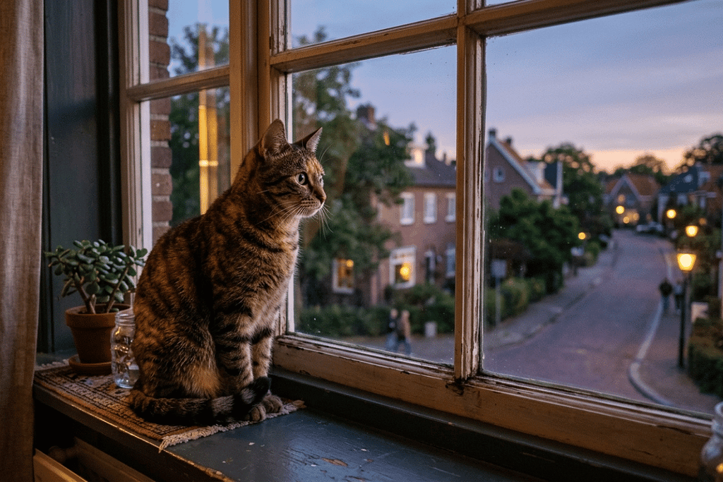 Alert domestic cat sitting by a window observing outside —
understanding cat behavior through instinct
and vigilance.