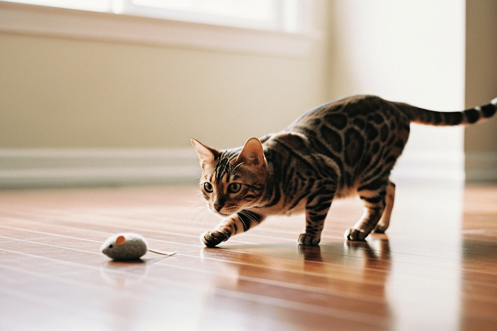 Domestic cat crouching low while stalking a toy, demonstrating the cat predation sequence.