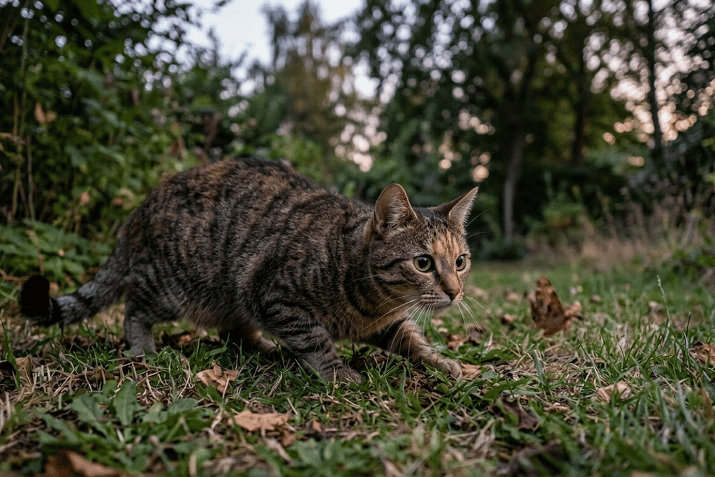A domestic cat crouched and alert, illustrating how cat
behavior evolved through predatory instincts and environmental awareness