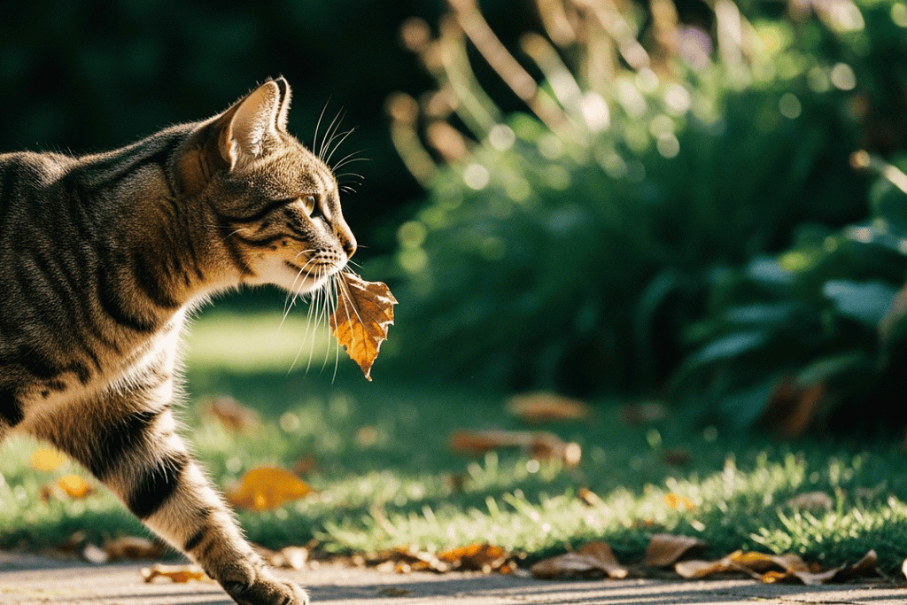 A cat carrying a leaf in its mouth, illustrating instinctive prey-carrying behavior.