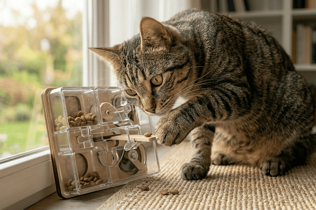 Tabby cat interacting with a puzzle feeder, illustrating can cats really learn everything through reinforcement, curiosity, and feline learning behavior.