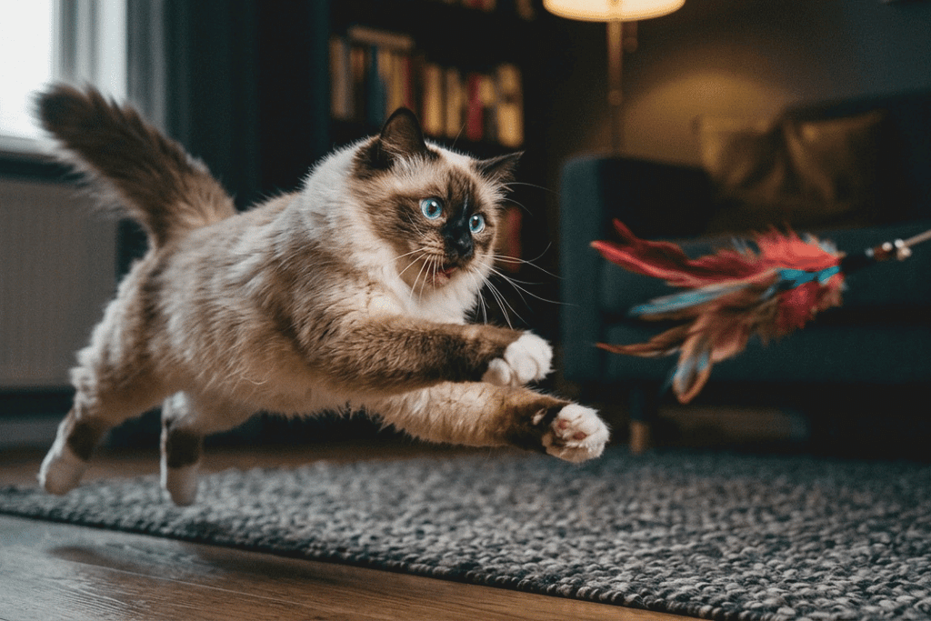 A Birman cat reacting instantly to sudden movement,
illustrating how sudden movements trigger cats through
hardwired reflex responses.