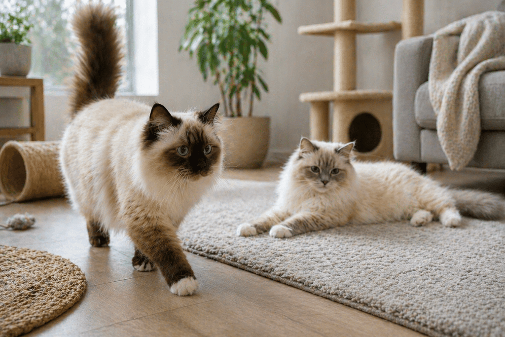 Two cats in the same room showing different activity levels, illustrating individual variation in feline energy.