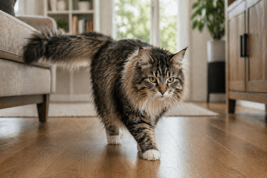 A Norwegian Forest cat walking in a straight line across a room, illustrating why cats choose the shortest path through direct and fluid movement.