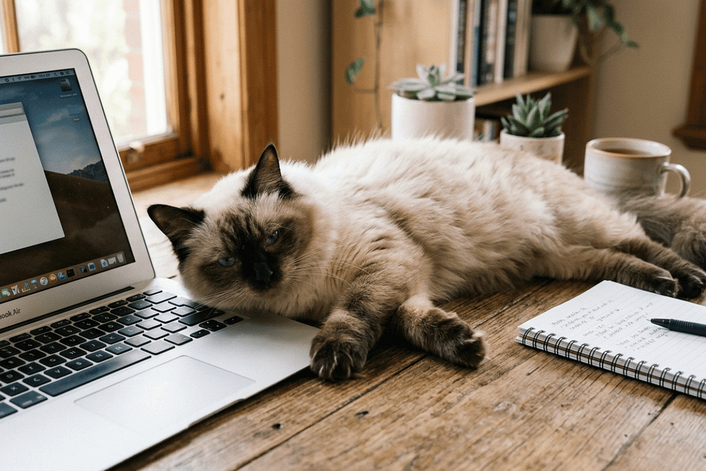 A ragdoll cat lying across a wooden desk beside a laptop and notebook, calmly awake in a home workspace, illustrating cat daily routines.