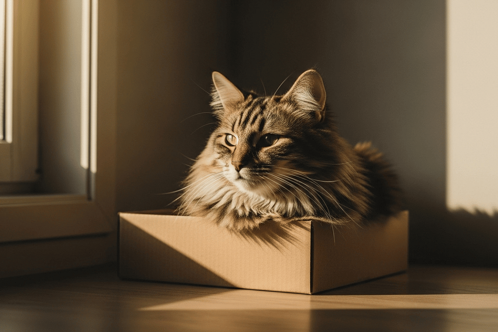A long-haired cat sitting inside a cardboard box, illustrating why cats
like tight spaces through calm observation and relaxed posture.