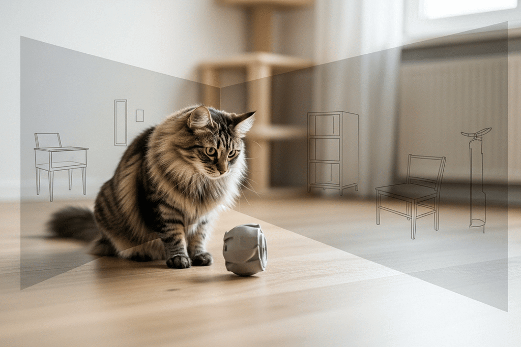 Cat observing a small object while maintaining distance, illustrating exploration vs fear in cats through cautious posture, focused attention.