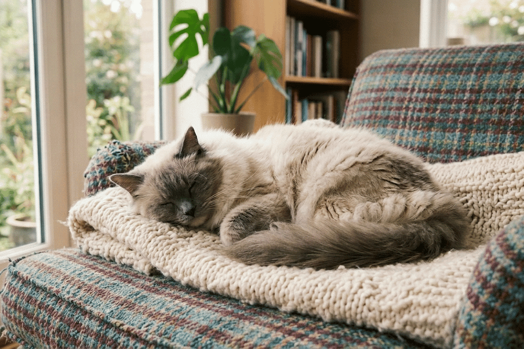 A ragdoll cat sleeping, illustrating energy-economy-in-cats through restful posture and conserved energy