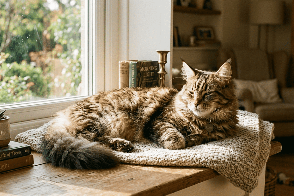 A long-haired cat resting on a wooden table calmly observing its surroundings, illustrating the feline biological clock through quiet alertness and natural daily rhythm.