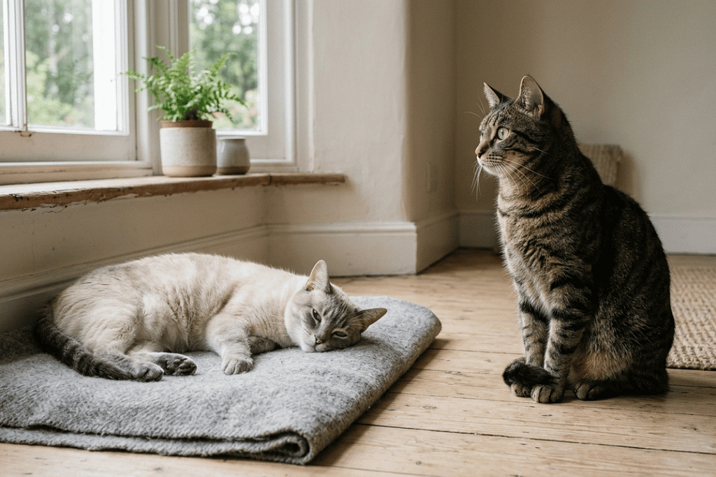 Two cats in the same indoor space, one lying down relaxed, the other standing alert near a window, illustrating how feline temperament shapes different behavioral responses to the same environment.