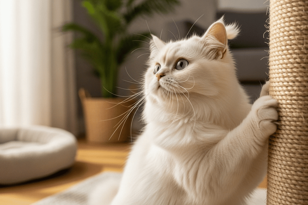A white cat scratching a vertical post indoors, illustrating instinct and learning in cats through natural scratching behavior and environmental interaction.