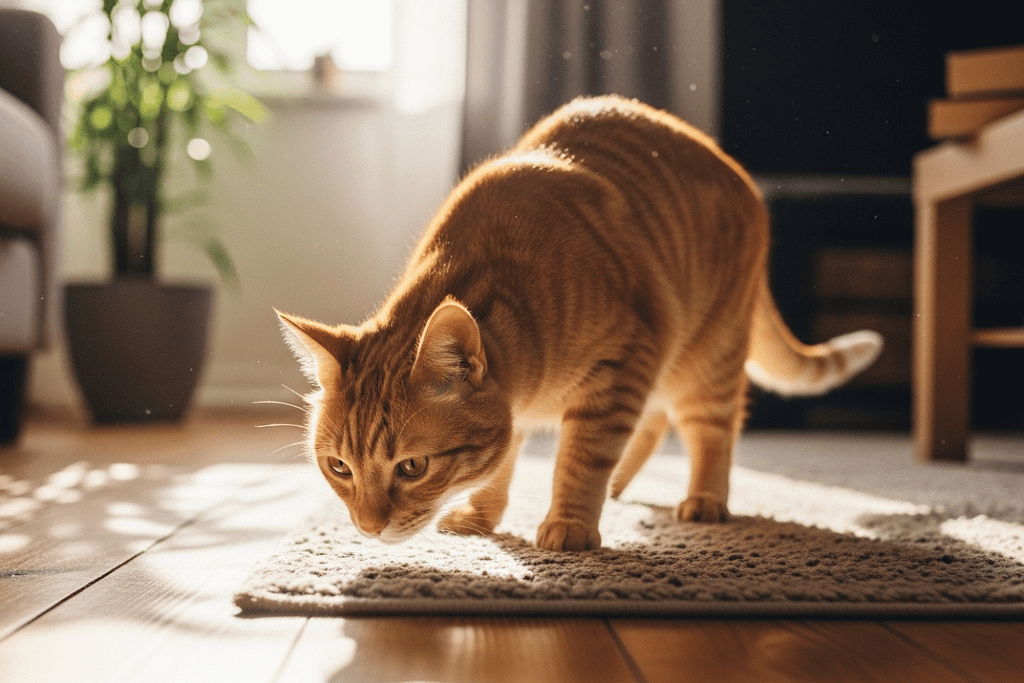 An orange domestic cat sniffing a rug, illustrating cat exploration behavior through scent-based environmental mapping.