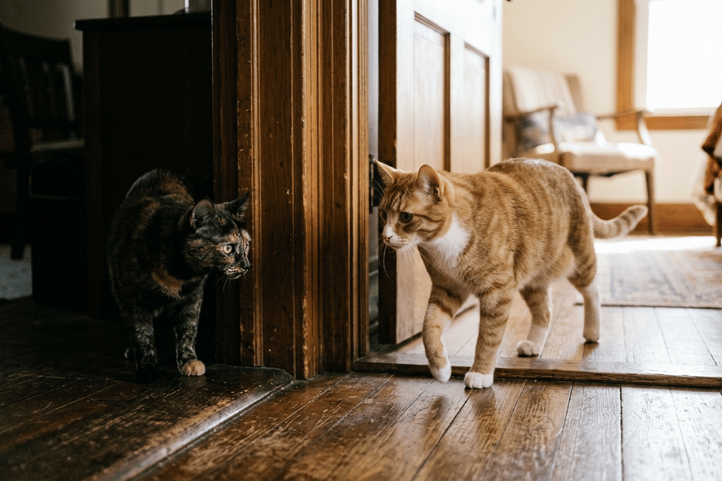 Two cats in the same environment showing different reactions, illustrating bold vs cautious cats.