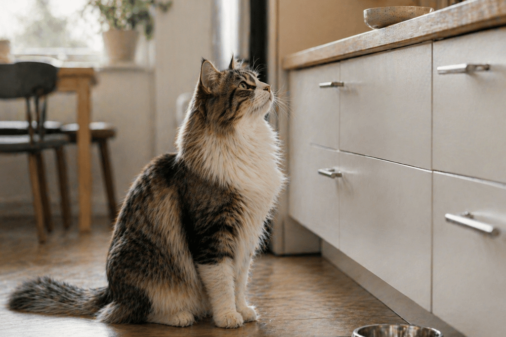 A Norwegian Forest cat sitting alert on a kitchen floor, looking toward the countertop as if expecting food, illustrating anticipatory behavior in cats through focused attention and timing.