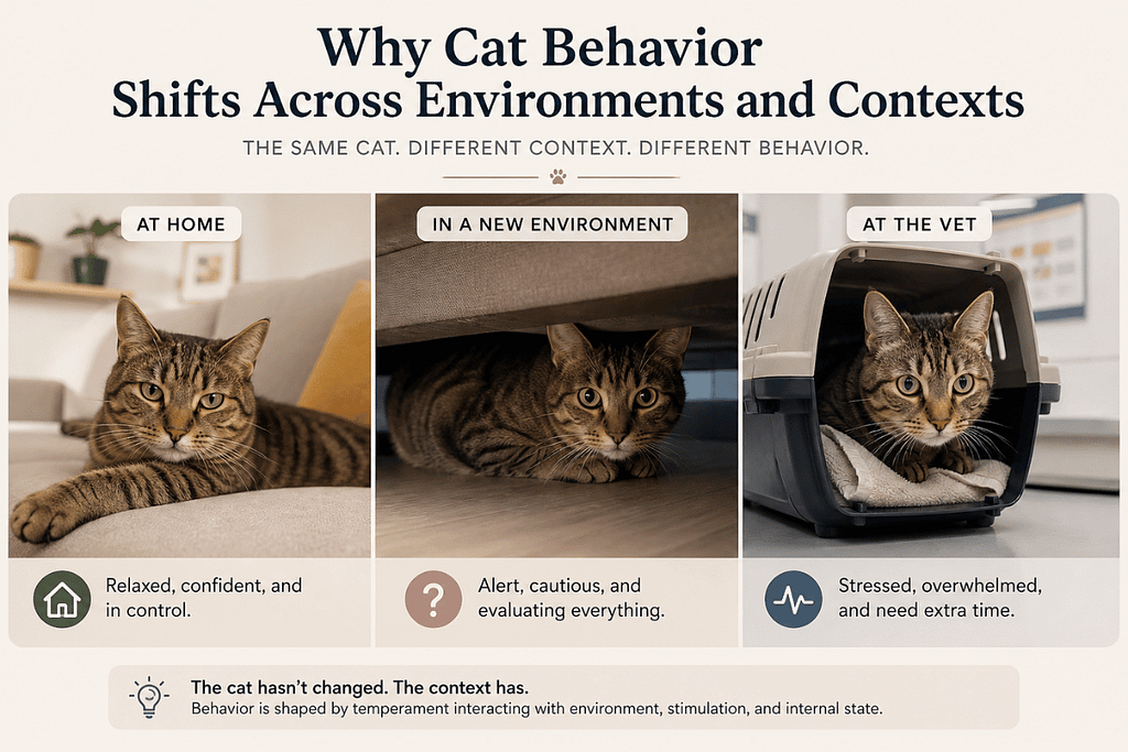 Infographic showing how cat behavior shifts across environments and contexts,