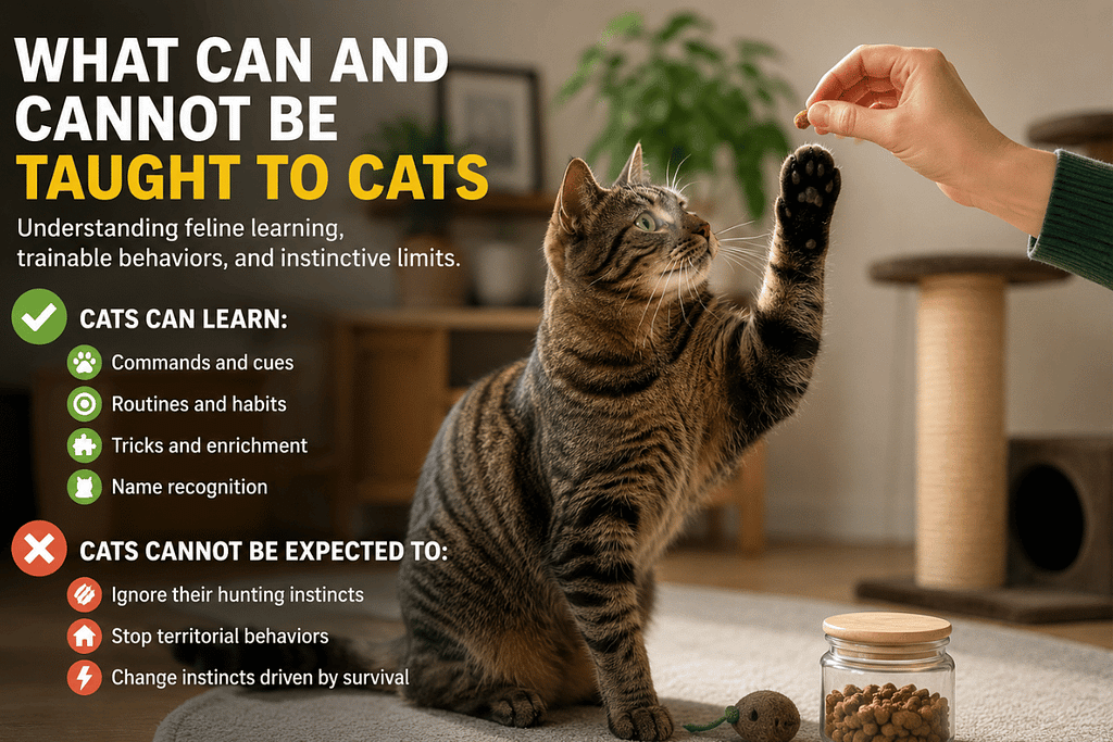 Tabby cat learning through treats and reinforcement, illustrating what can cats be taught.