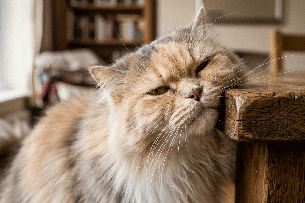 Cat rubbing its cheek against furniture, showing why cats rub their face on objects to leave familiar scent markers.