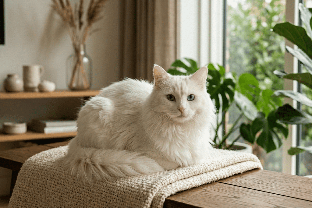 Angora cat resting indoors while displaying independent behavior, illustrating the question of whether cats are truly domesticated.